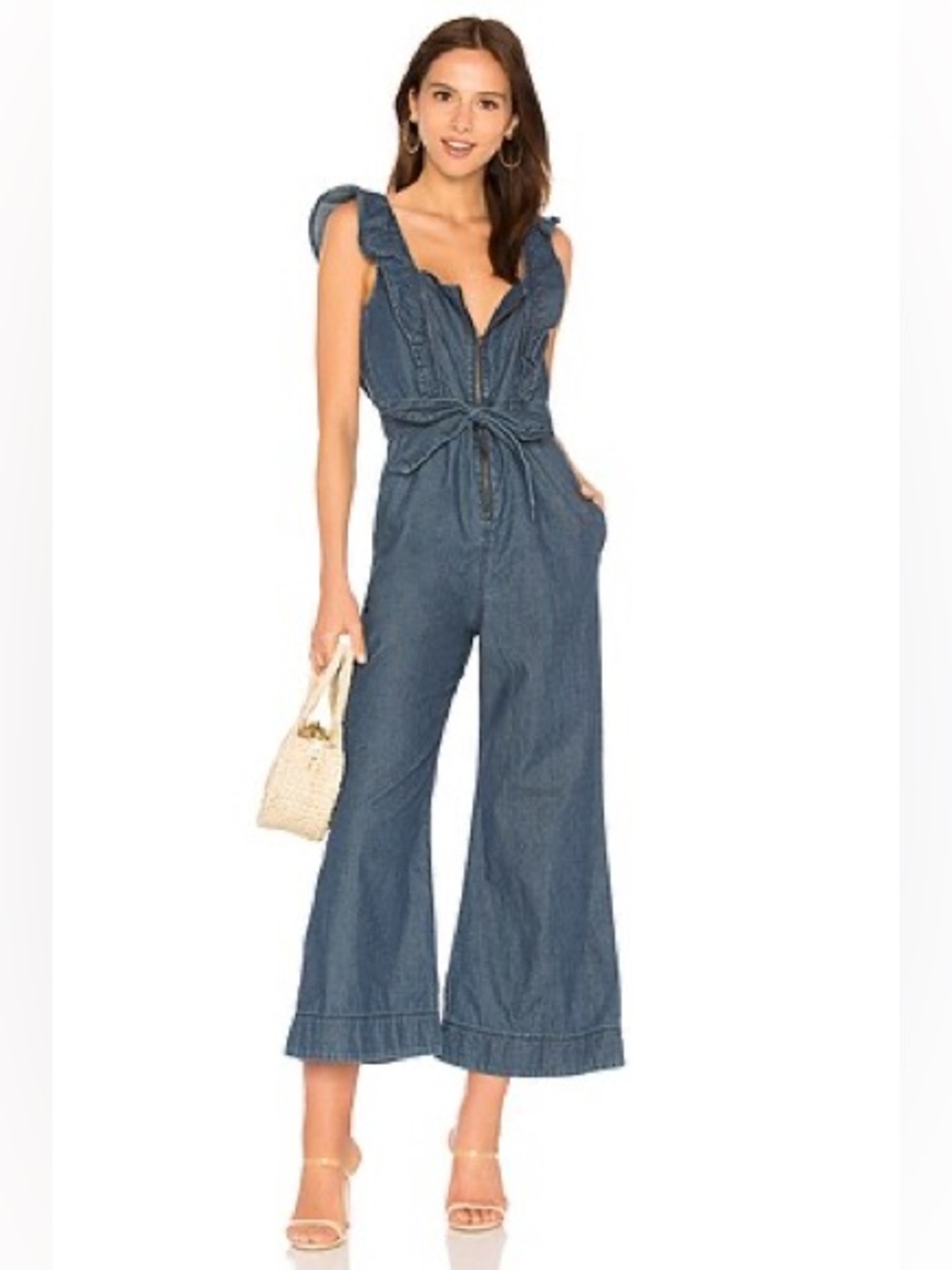 Free People Sun Valley Ruffled Belted Denim Jumpsuit Sz-4